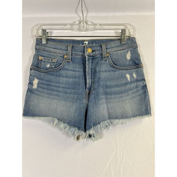 NWOT 7 For All Mankind Blue Distressed Denim Cut Off Shorts Size 27 - Picture 1 of 13